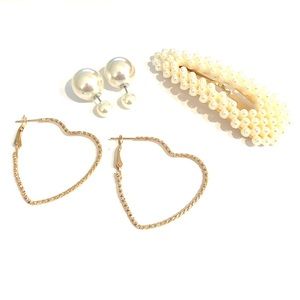 Earrings Barrette Set Gold Tone Hearts Faux Pearls